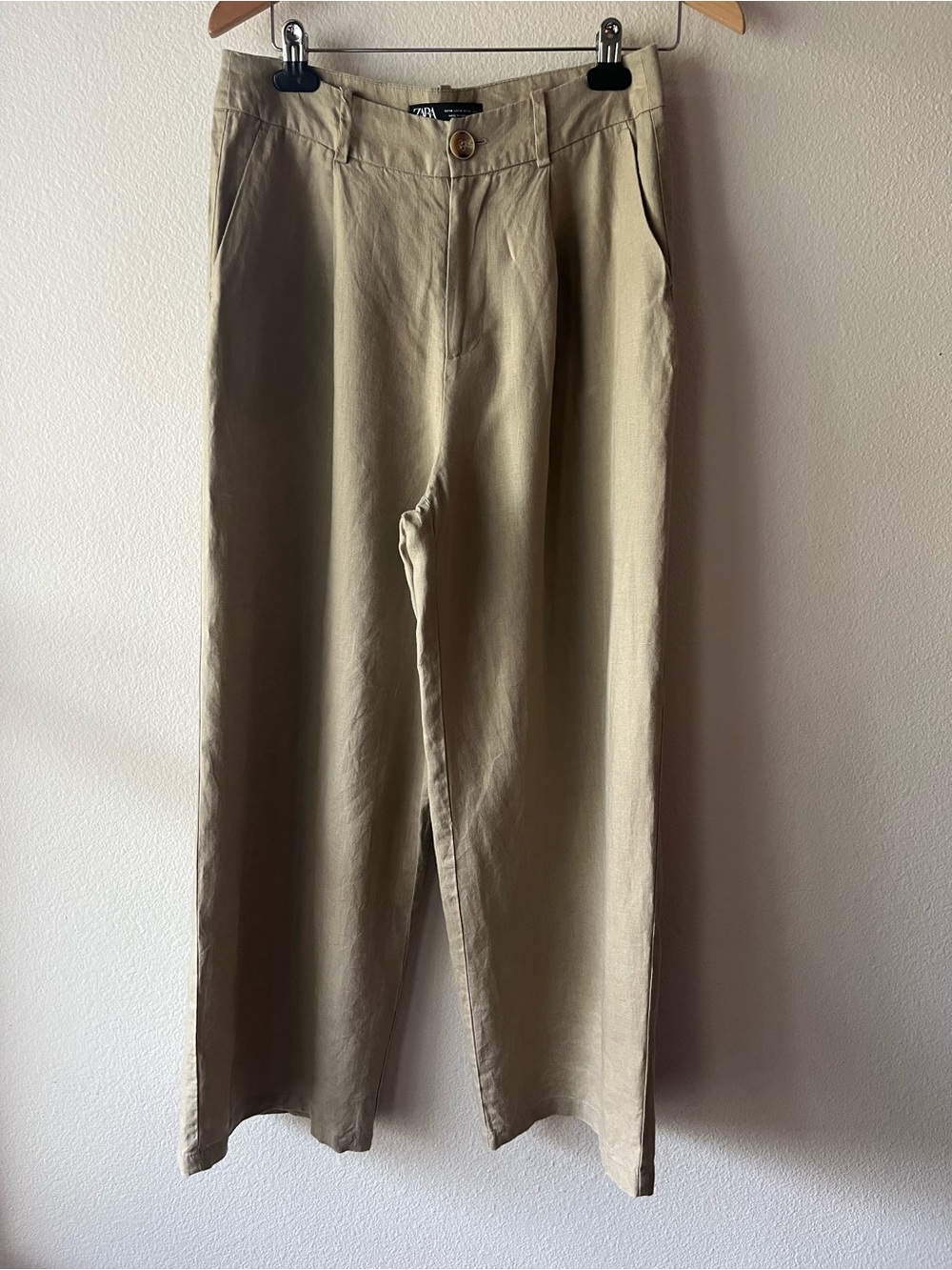 Zara Relaxed Linen Wide Leg Crop Trouser Pleat Front Pant Khaki Tan Size M - Picture 2 of 10
